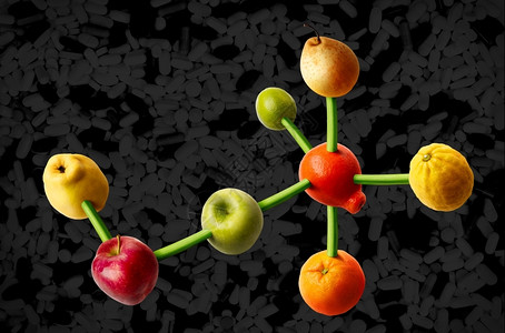 象征随附的以分子结构为形态的连水果维他命饮食概念白色的图片