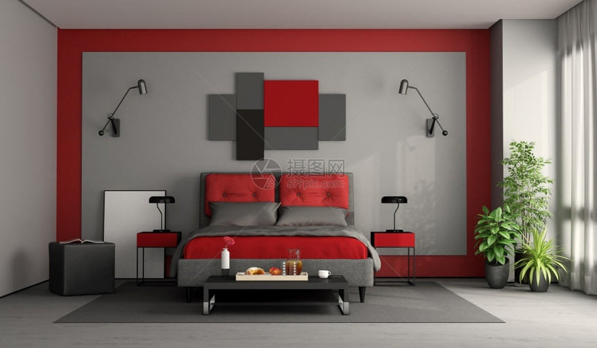 镶木地板红色和灰现代主卧室配有双床和咖啡桌及早餐3D制成红和灰色现代主卧室植物内的图片