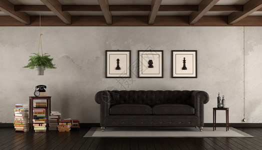 地面公寓Retro客厅有皮沙发书本咖啡桌和植物3d制成墙图片