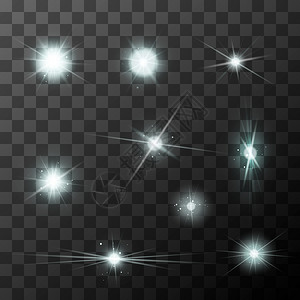 不同恒星爆發的一组白火花在透明的背景上设置不同恒星爆发的一组白火花闪烁爆裂放设计图片