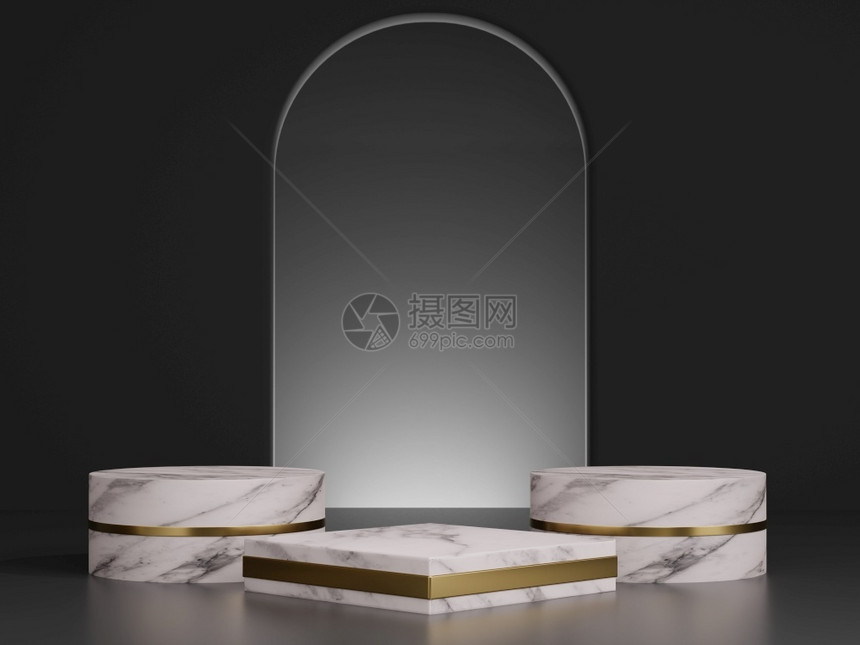 黑色的框架3d制作白色大理石模型配有黄金踏足和黑暗背景的拱门入口金图片