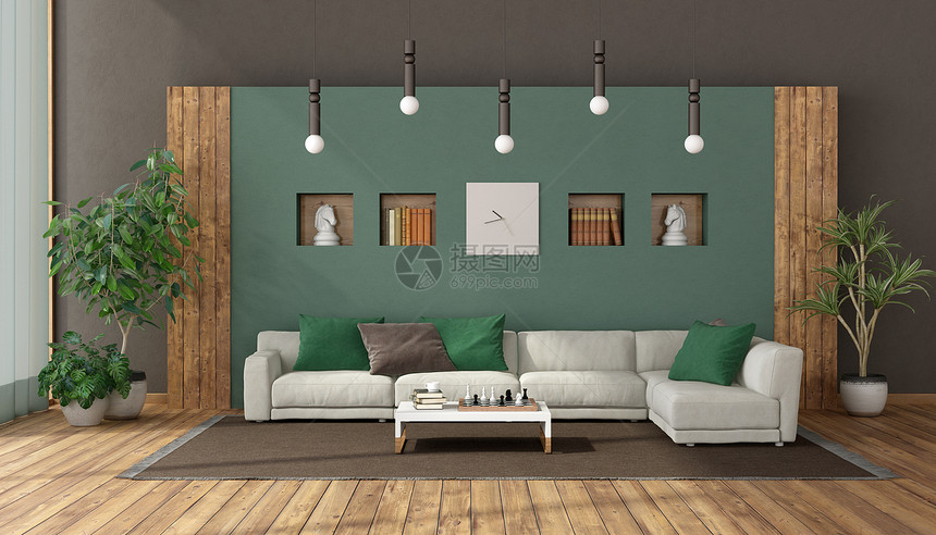 优雅的软垫水平棕色和绿客厅有白沙发对着有独特位置的墙壁3D使优美客厅与白色沙发相比绿墙图片