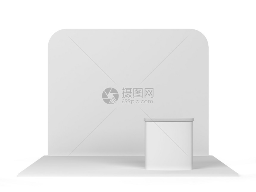 以白色背景孤立的反三维插图进行简单交易展示的台定制亭干净的图片