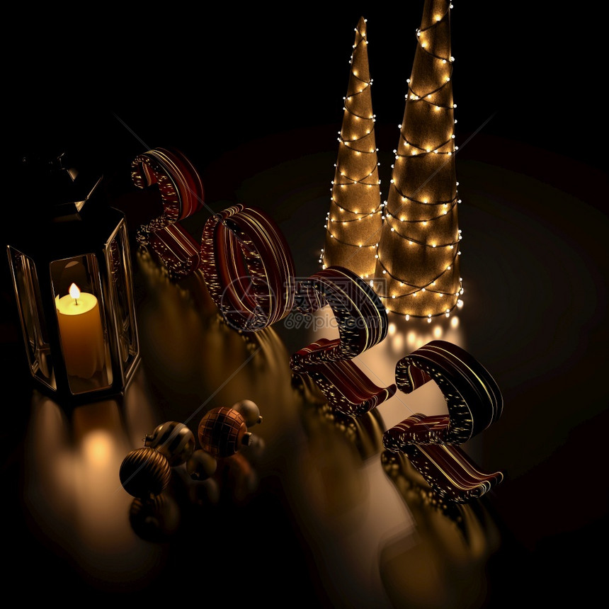大气层发光的20年圣诞节室内深色背景上的蜡烛灯球和树木3d渲染室内深色背景上的20年圣诞节蜡烛灯球和树木金的图片