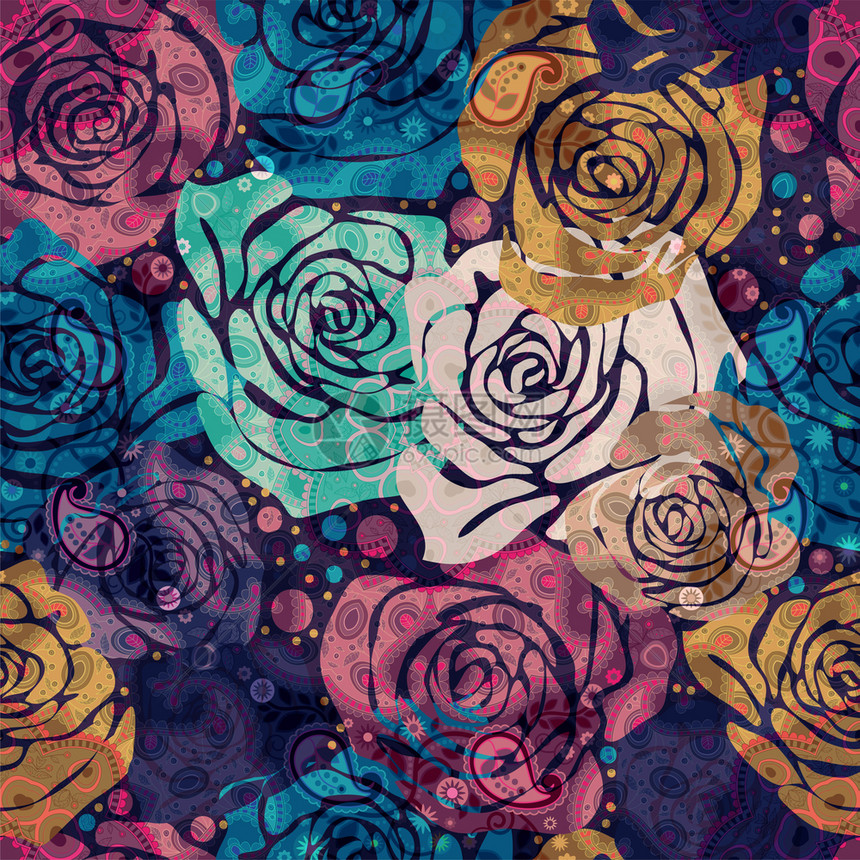 花彩色插图用手画的玫瑰来描绘c以手画的玫瑰来展示装饰品扭曲的图片