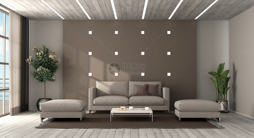 极简主义者地面带有现代家具的客厅和木天花板上的灯光3D为现代客厅提供沙发和脚凳白色的图片