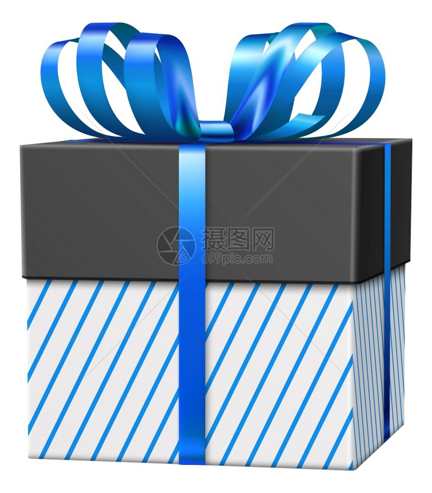 颜色在白背景上隔绝的装饰黑色礼物盒现实主义蓝色条纹包装纸和饰首式在白色背景上被隔离开来真实主义蓝色条纹包装纸和饰首材料周年纪念日图片