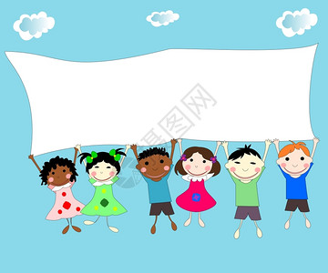 欧洲的乐趣国籍在蓝色背景的横幅后展示不同种族儿童的情况Nameb图片