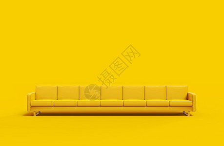 黄色的活极长黄色皮革沙发在黄色背景上隔离3D房间图片