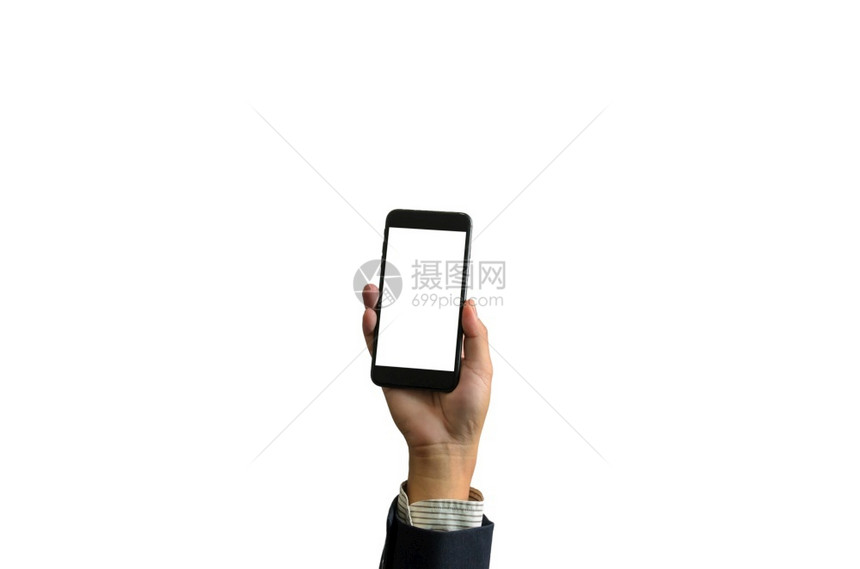 电子的在线白色背景上手持智能机的情况商业图片