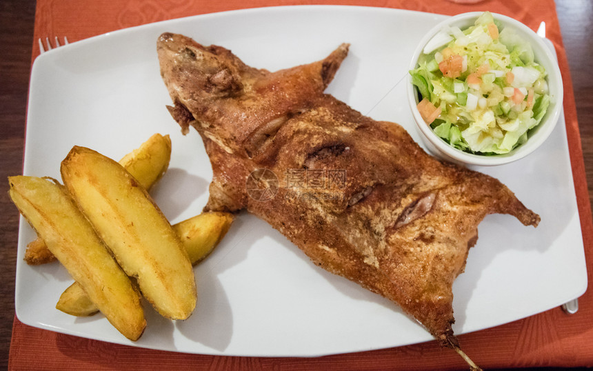 美国Cuy煮熟的几内亚猪典型菜肉的图片