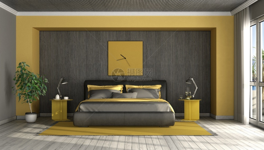 室内的极简主义者木制的黑色和黄现代主卧室用双床与木板对面的双床3D制成黑和黄色现代主卧室图片