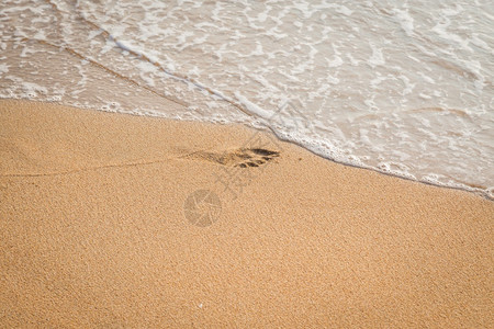 标记脚丫子太阳海滩背景上孩子的脚印页图片
