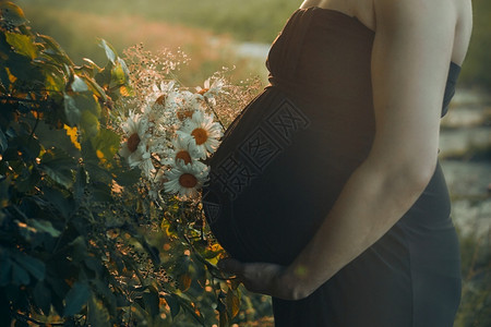 出生投标活怀孕妇女拥抱肚子站在户外被大自然包围着的外表怀孕期待母概念图片