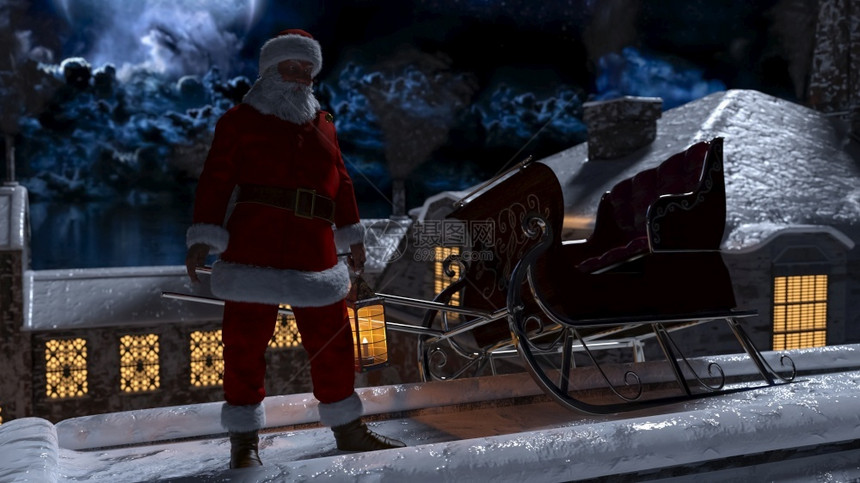 视窗传统的抽烟圣诞老人在之夜走屋顶和烟囱上与月光一起走在天台和烟囱上三度让圣诞老人在节之夜走在屋顶上图片