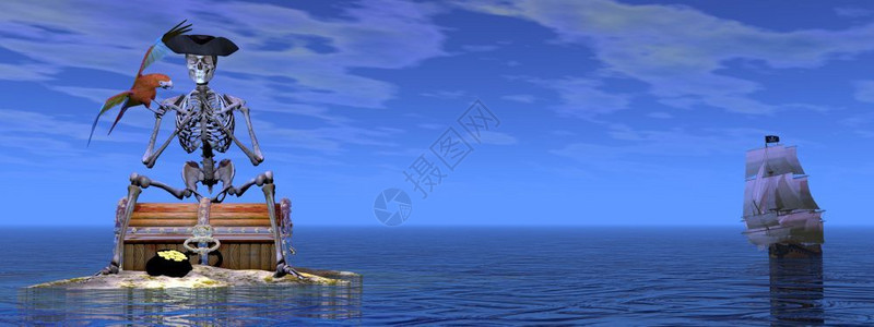 万圣节海盗鹦鹉帽子一种3D让Skeleton海盗的宝藏3D让DDD把船停靠在海洋后面设计图片