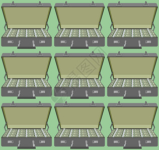储蓄钱箱无缝图案成捆的钱满手提箱图片