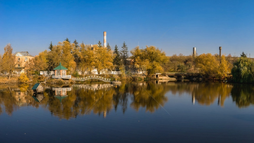 天空植物反射乌克兰切尔卡西地区Ivanki村秋天傍晚阳光明媚的秋天夜晚乌切尔卡西地区Ivanki村秋季风景与湖泊和黄树图片