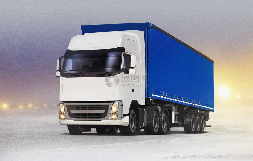 交货商业的雪暴中冰路上有蓝色拖车的白卡图片
