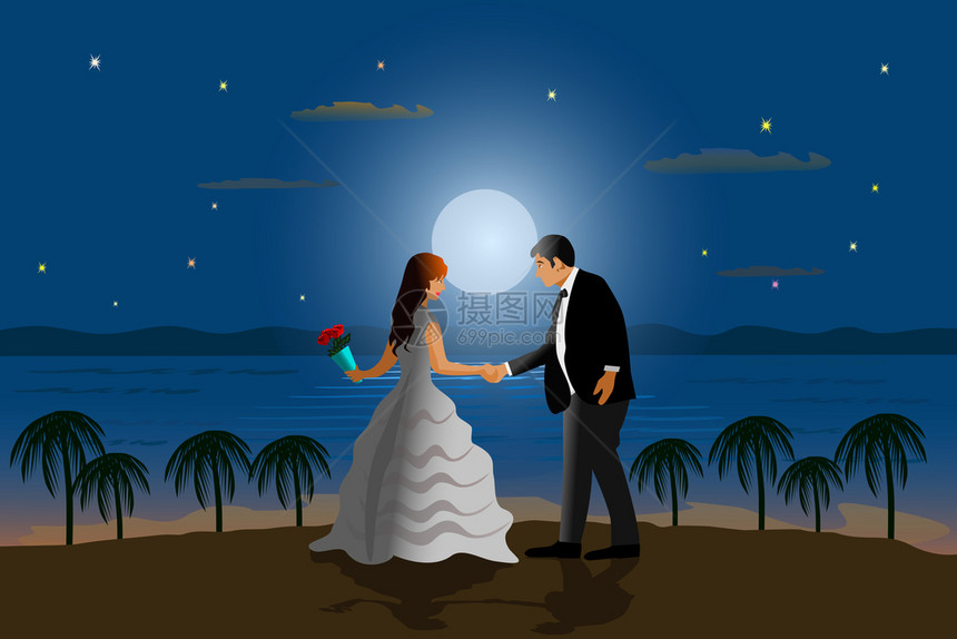 已婚夫妇在海边跳舞以月为背景的山婚礼乐趣图片