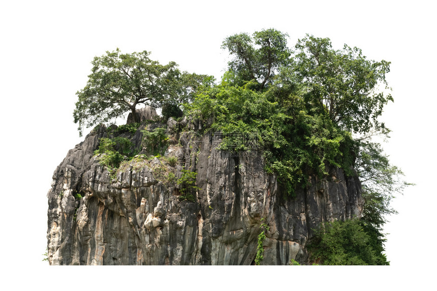 美丽白色背景的绿林隔离岩山丘HorkMoholdHill岛自然图片