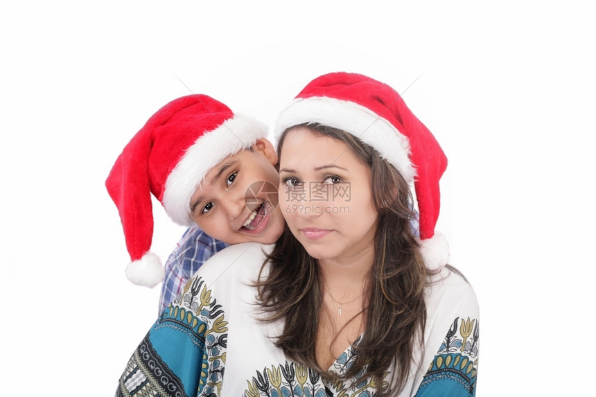 穿着圣诞老人帽子的快乐男孩和女人孤立于白种背景女士新的喜悦图片