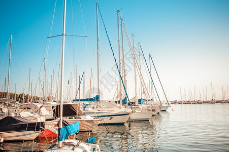 七月排汽艇2015年7月8日意大利的里雅斯特西亚纳州斯迪市在港口停泊的快艇背景图片