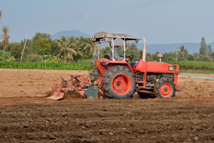 红拖拉机在泰国田间耕种沟槽土壤栽培规模图片