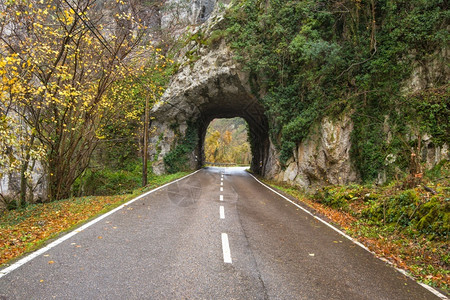 西班牙阿斯图里亚Somiedo自然公园山丘地表的石隧道路夏天曲线景观背景图片