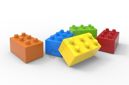 构建基块黄色坍塌白色背景上隔离的玩具多彩区块3D说明绿色丰富多彩的设计图片