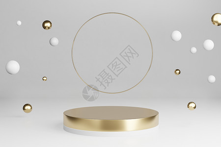 圆环装饰球晶格戒指空的3d制造模型黄金平台配有圆环闪亮和落下的装饰球空间用于产品展示闪亮的背景