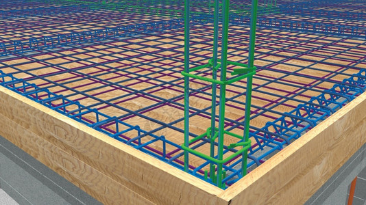 刺角瓜地面渲染正在建造的房屋底部角视图您可以看到木制成形体和钢棒组结构以及3D一列的杆子插图形式设计图片
