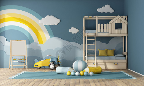 游乐场玩蹦蹦床软垫球渲染室内儿童房间有睡床蓝色墙和玩具上的装饰用和玩3天内置儿童房间有木制床设计图片