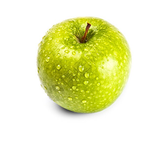 降低咬多汁的白色上孤立湿绿苹果图片