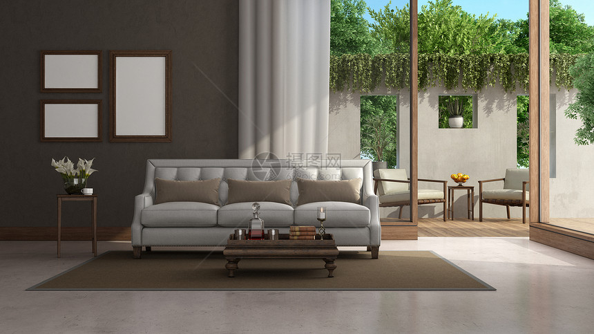室内植物客厅有古典家具和大窗户背景上小花园3D为客厅有经典家具和大窗户2D树沙发图片