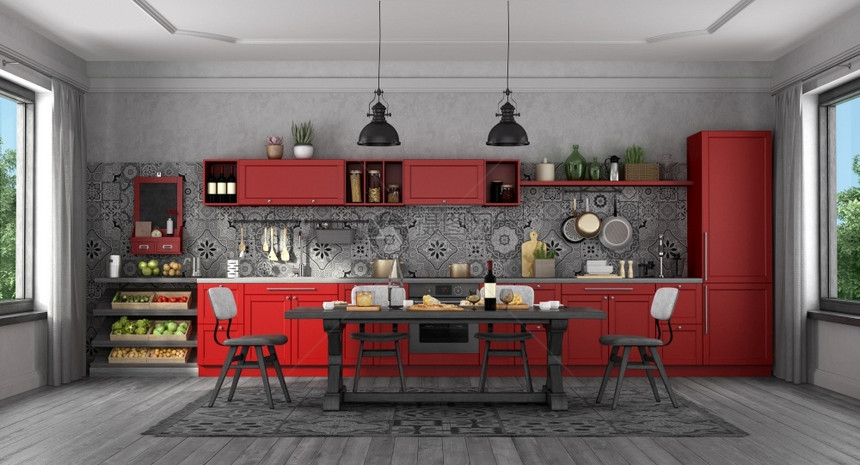用餐蔬菜房间红式经典厨有黑色木制桌椅和子3D成黑色和红传统厨房配有木制桌椅图片
