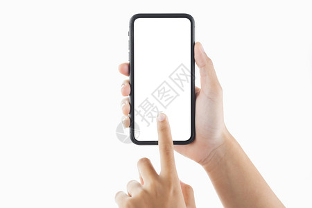 小样工具握着黑智能手机空白屏幕和色背景上划线的近身手紧女联网图片