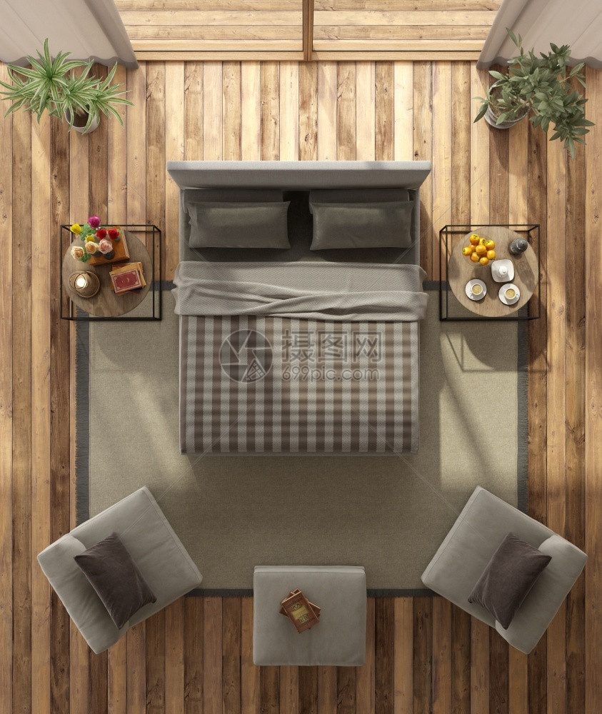 地面棕色的现代主卧室顶端视图上面有双床脚凳硬木地板上的扶轮椅3D制成现代主卧室的顶端视图当代图片