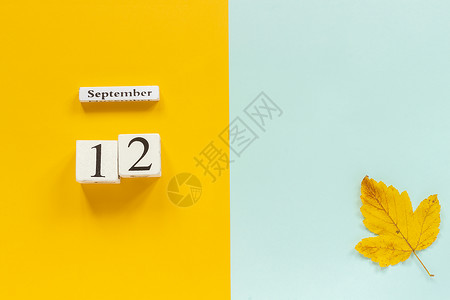 黄色夹心蓝数字时间黄色的躺着秋季作文木制日历9月12日和黄色蓝背景上的黄秋叶顶视图平躺样机概念你好月秋季作文木制日历背景