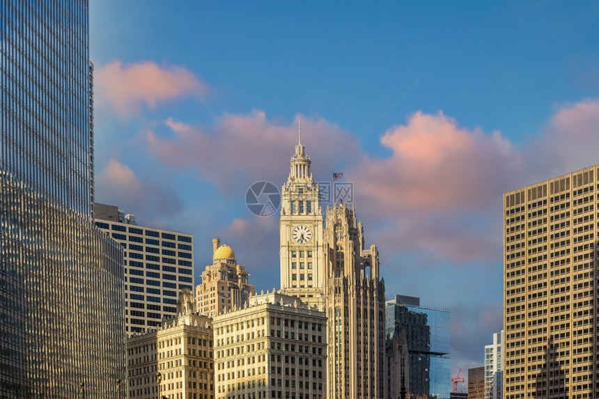 密歇根州场景日落美利坚合众国芝加哥市下城市天线风景美国图片