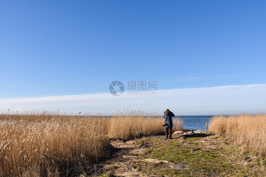男景观春季摄影师在瑞典奥兰岛海岸的草原上拍摄黄色的图片