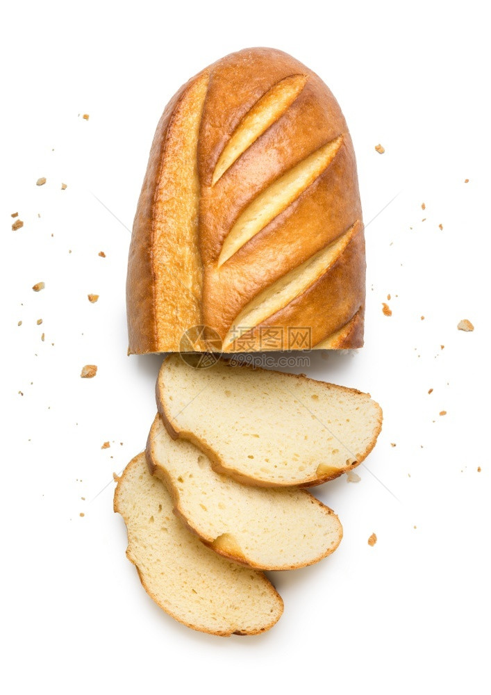 法国面包粮食子切片白色长面包孤立在白色背景上图片