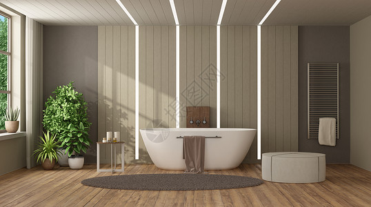 镶板阳光毛巾棕色和米格现代浴室用缸与木制面板对抗用光灯3D将现代家庭浴室与缸对抗木制面板设计图片