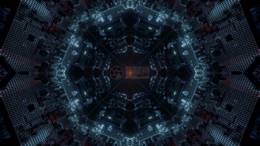 夜晚3d显示暗未来抽象背景金属走廊以模糊的光照亮3d显示远未来金属迷宫图解科学对称图片