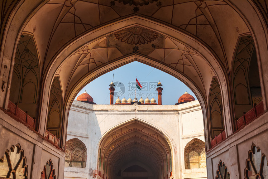 德里红堡美丽的拱门内部印度德里红堡印度建造复杂的观光图片