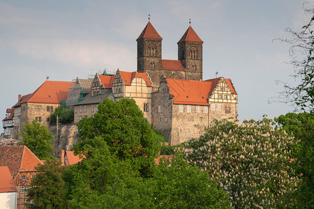 萨克森安哈尔特户外天奎德林堡女修道院在德国欧洲的夜晚阳光下全景图像背景图片