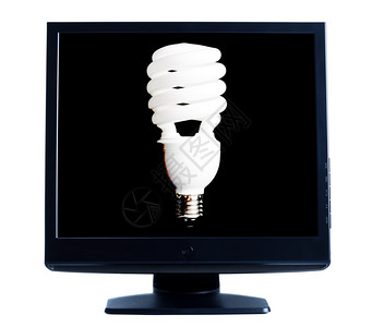 节省液晶显示器lcd屏幕显示白色背景上隔离的灯泡个人电脑图片