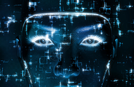 眼皮半机械人数字化3D翻译一个女机器人面对3D展示一个女机器人在蓝技术背景上的脸活力设计图片