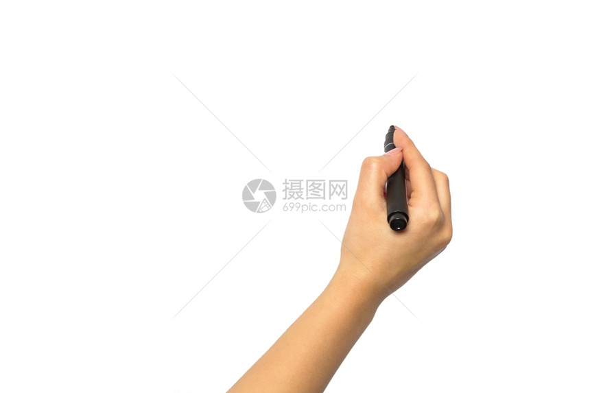 白色的女手已经准备好用黑标记绘制白手孤立的色和背景的标志掌声笔记手写图片