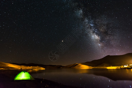 夜晚星空下湖边的露营帐篷图片